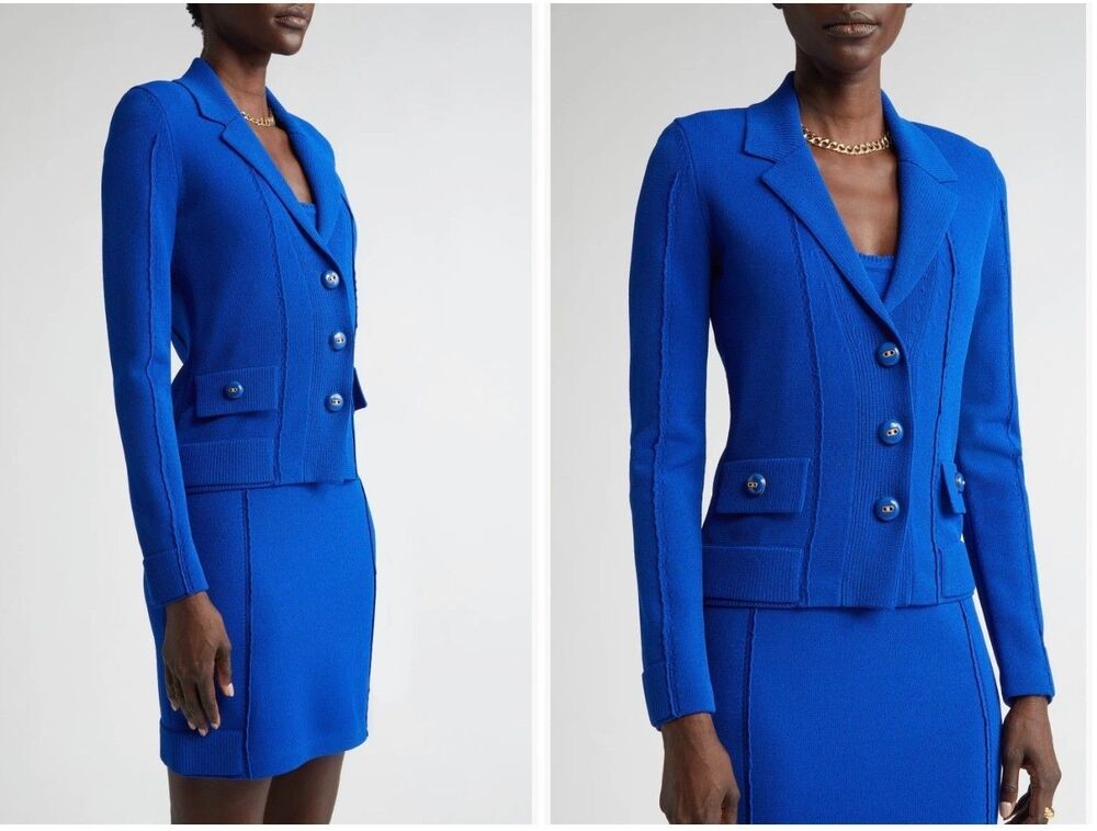 St John Mixed Stitch Sweater Knit Jacket Sapphire Blue Large $1595